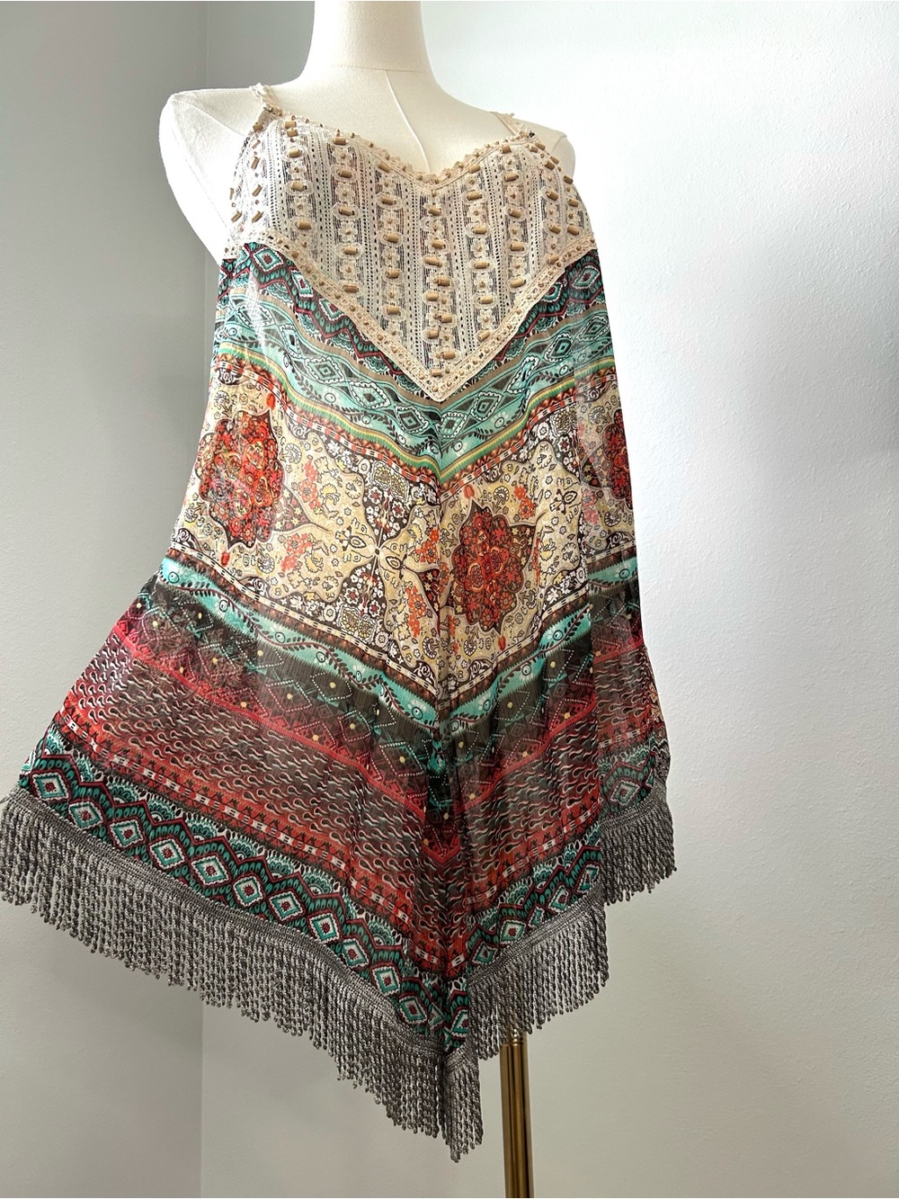 Miss Kelly 1999 Vintage Y2K Sheer Beaded Fringe Cami Tunic Tank Top Womens L